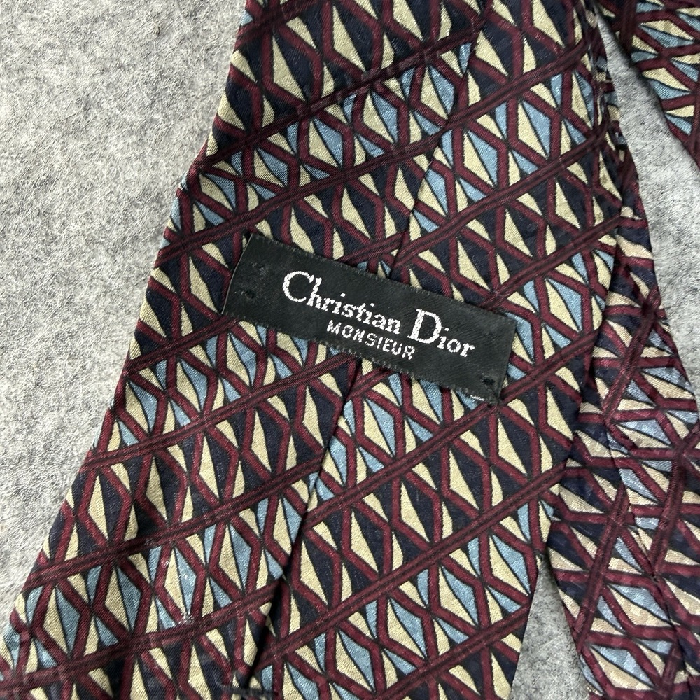 Vintage Christian Dior Monsieur Silk Men's Tie USA Geometric Burgundy Cream Blue - Picture 5 of 6